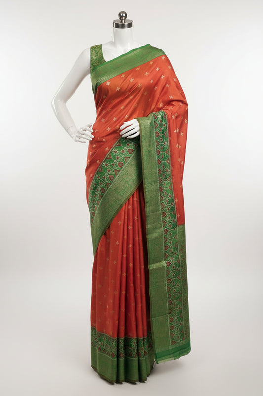 Orange n Green-Ikkat-Pochampalli Silk Saree