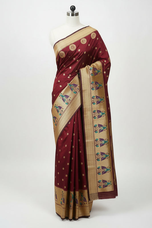 Maroon-Paithani-Small Butta-Banarasi Silk Saree