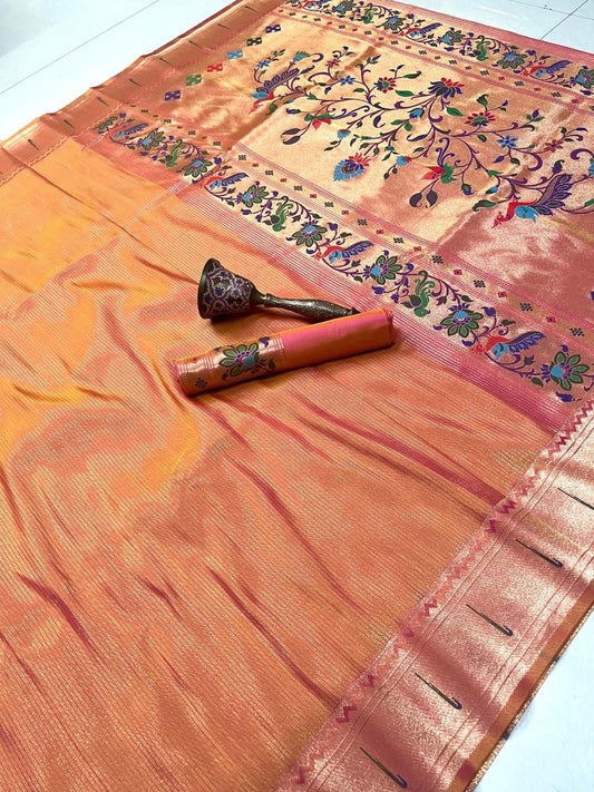 Orange-Paithani Kanchivaram Tissue Semi Silk Saree