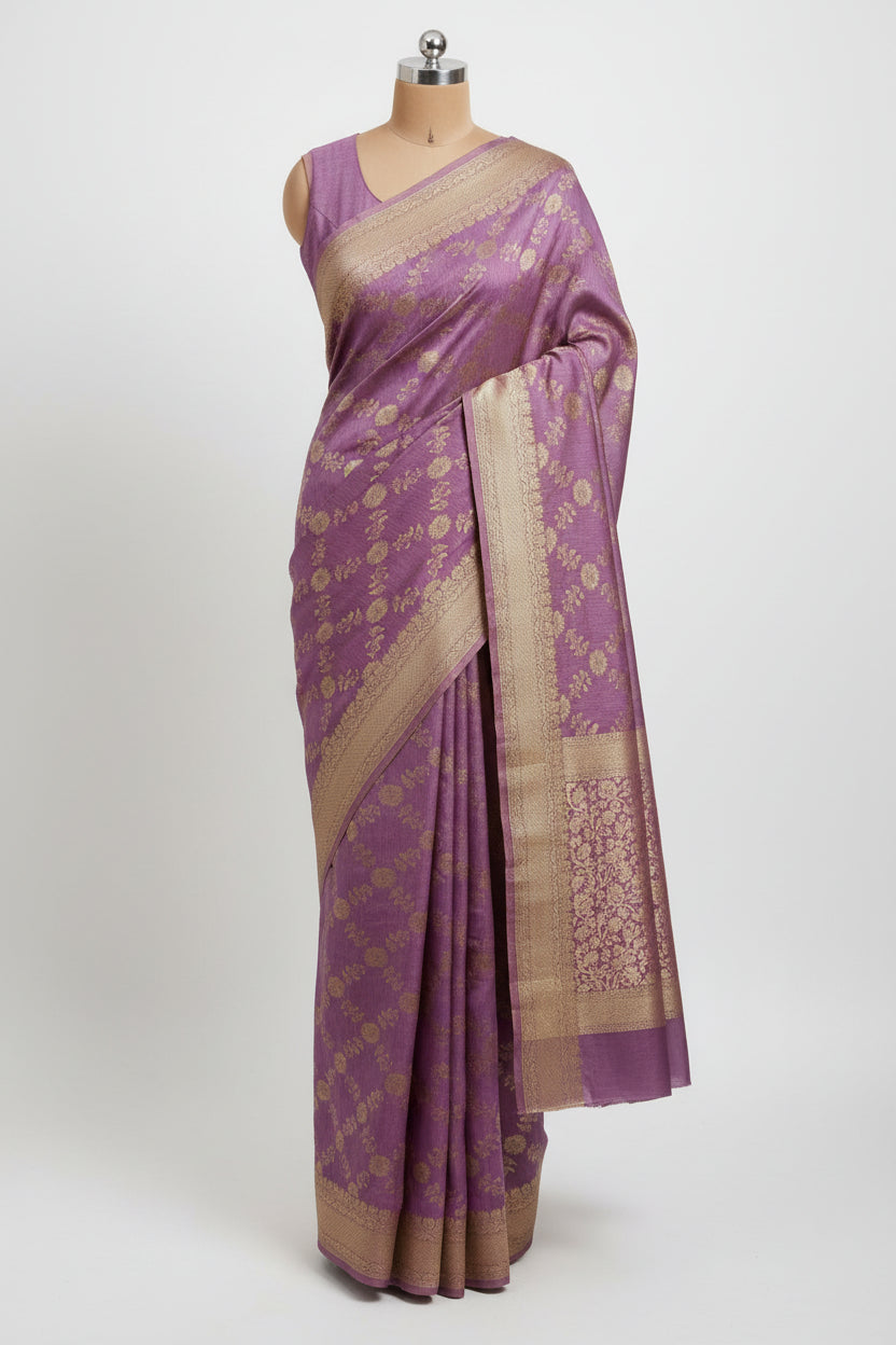 Purple-Geometric Floral Pattern-Banaras Crepe Saree