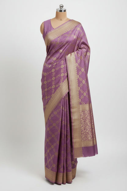 Purple-Geometric Floral Pattern-Banaras Crepe Saree