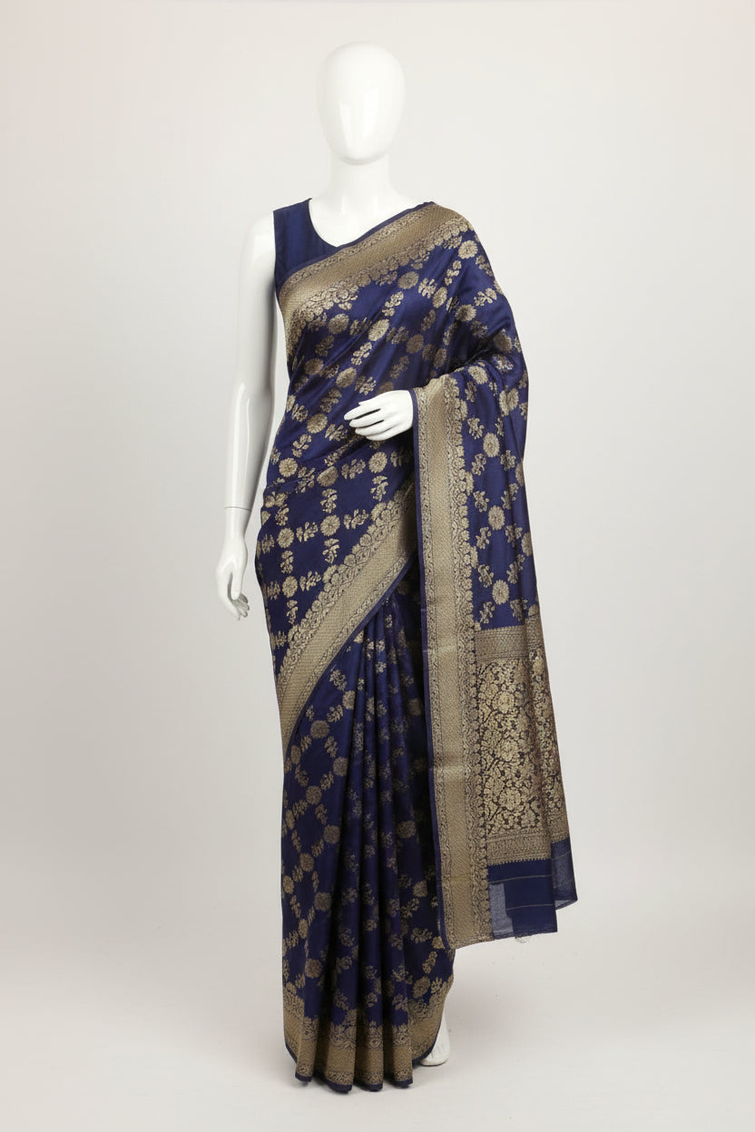 RoyalBlue-Geometric Floral Pattern-Banaras Crepe Saree