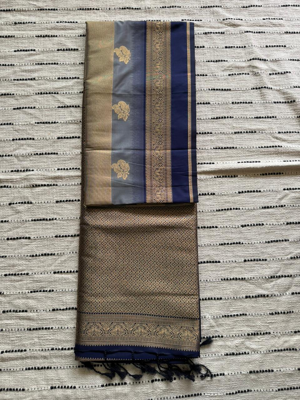 Grey n Blue-Banarasi Katan n Organza Silk Saree