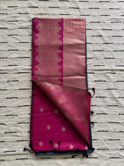 Peacock Blue n Rani Pink-Zari Woven-Kanchivaram Semi Silk Saree