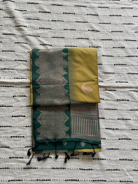 Mustard Gold n Emerald Green-Zari Woven-Kanchivaram Semi Silk Saree