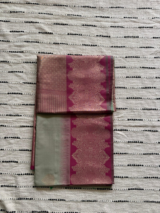 Sage Grey & Magenta Pink-Zari Woven-Kanchivaram Semi Silk Saree