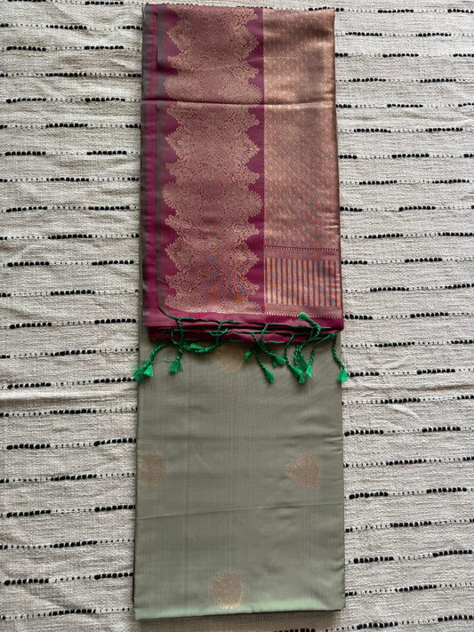 Sage Grey & Magenta Pink-Zari Woven-Kanchivaram Semi Silk Saree