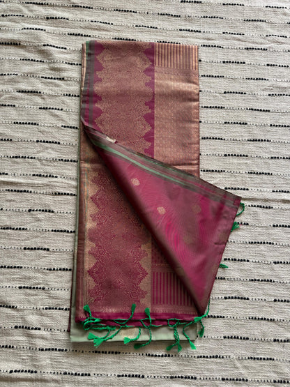 Sage Grey & Magenta Pink-Zari Woven-Kanchivaram Semi Silk Saree