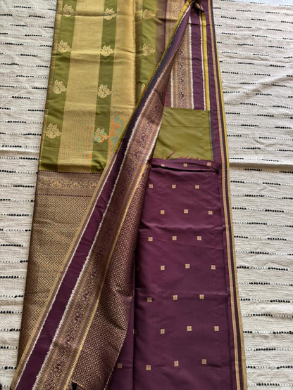 Olive Green n Wine Purple-Banarasi Katan n Organza Silk Saree