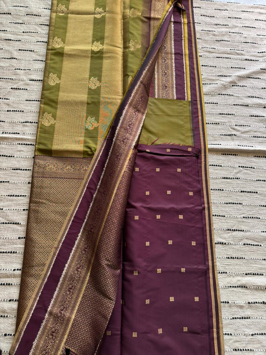 Olive Green n Wine Purple-Banarasi Katan n Organza Silk Saree