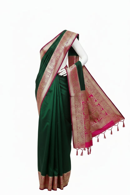 Green n Pink-Contrast Pallu-Banarasi Silk Saree