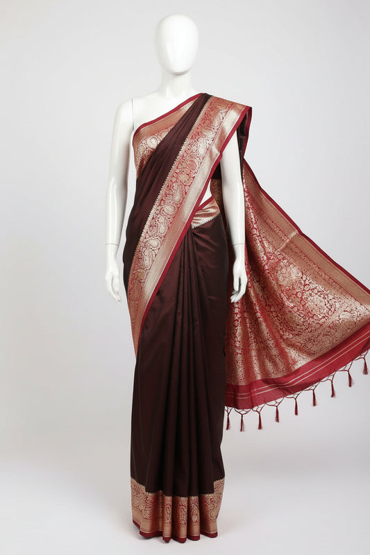 Brown n Red-Contrast Pallu-Banarasi Silk Saree