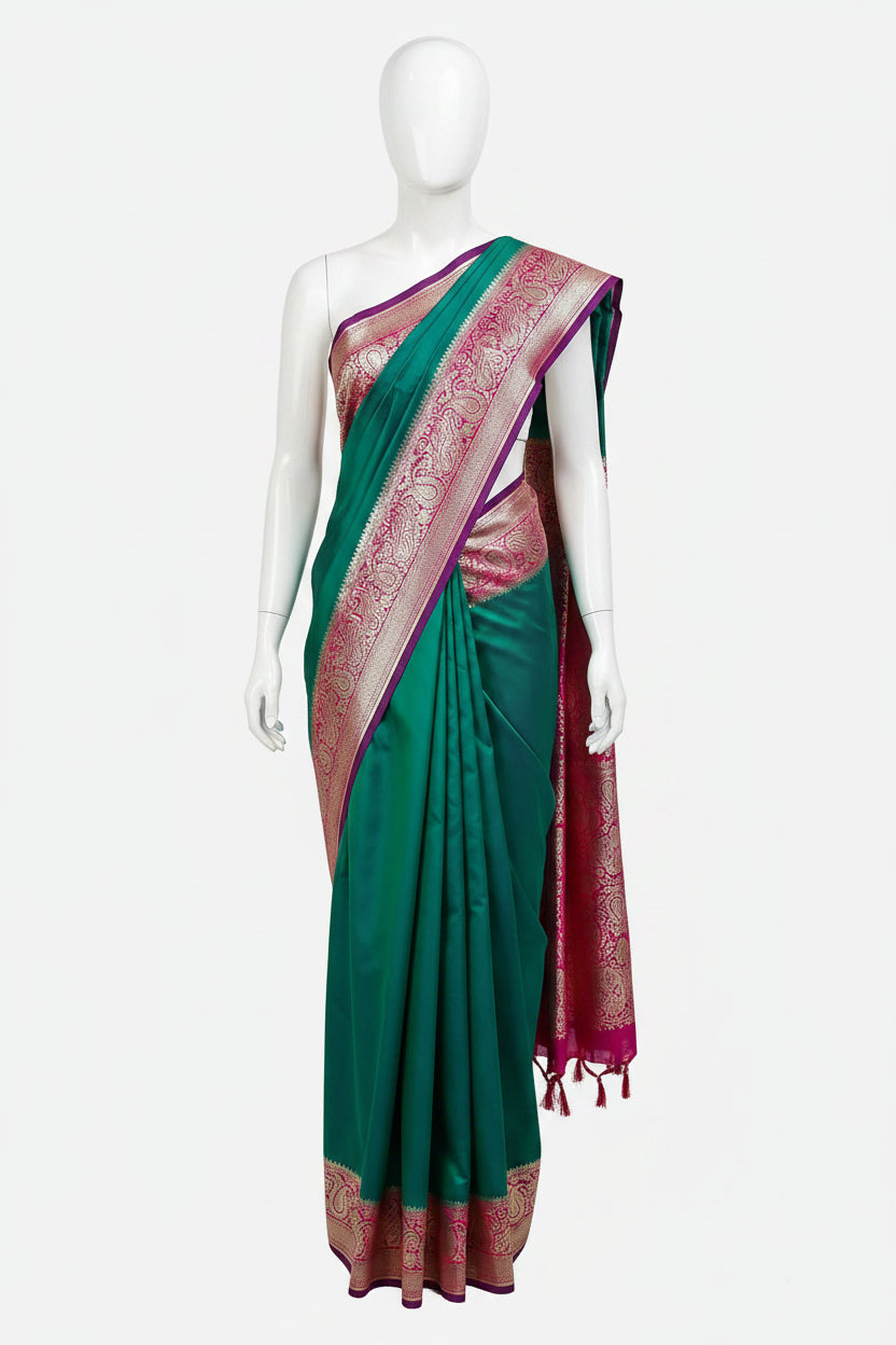 Rama Green n Pink-Contrast Pallu-Banarasi Silk Saree