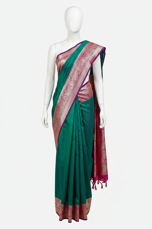 Rama Green n Pink-Contrast Pallu-Banarasi Silk Saree