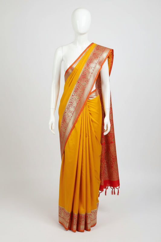 Yellow n Red-Contrast Pallu-Banarasi Silk Saree