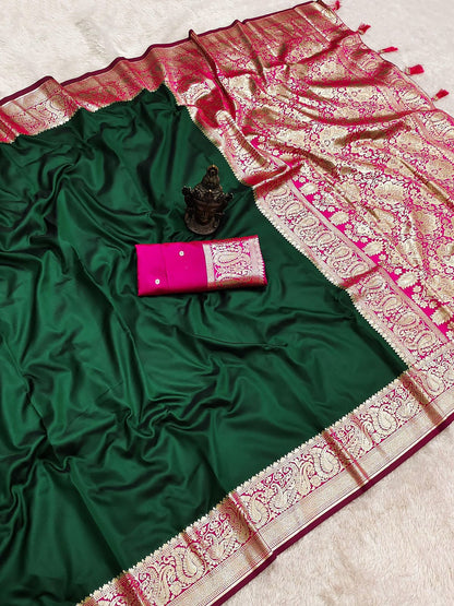 Green n Pink-Contrast Pallu-Banarasi Silk Saree