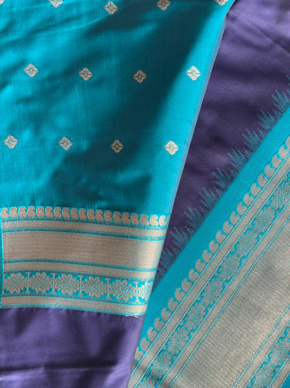 Indigo n Turquoise Blue-Woven Zari-Kanchivaram Soft Silk Saree