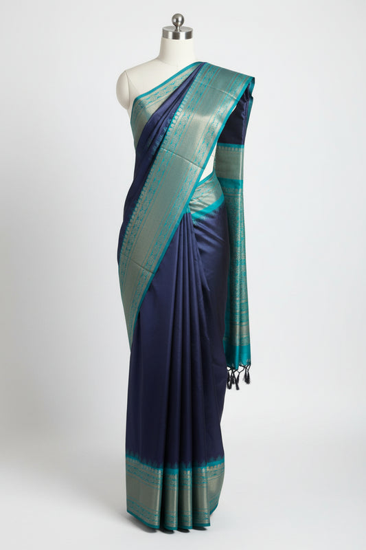 Indigo n Turquoise Blue-Woven Zari-Kanchivaram Soft Silk Saree