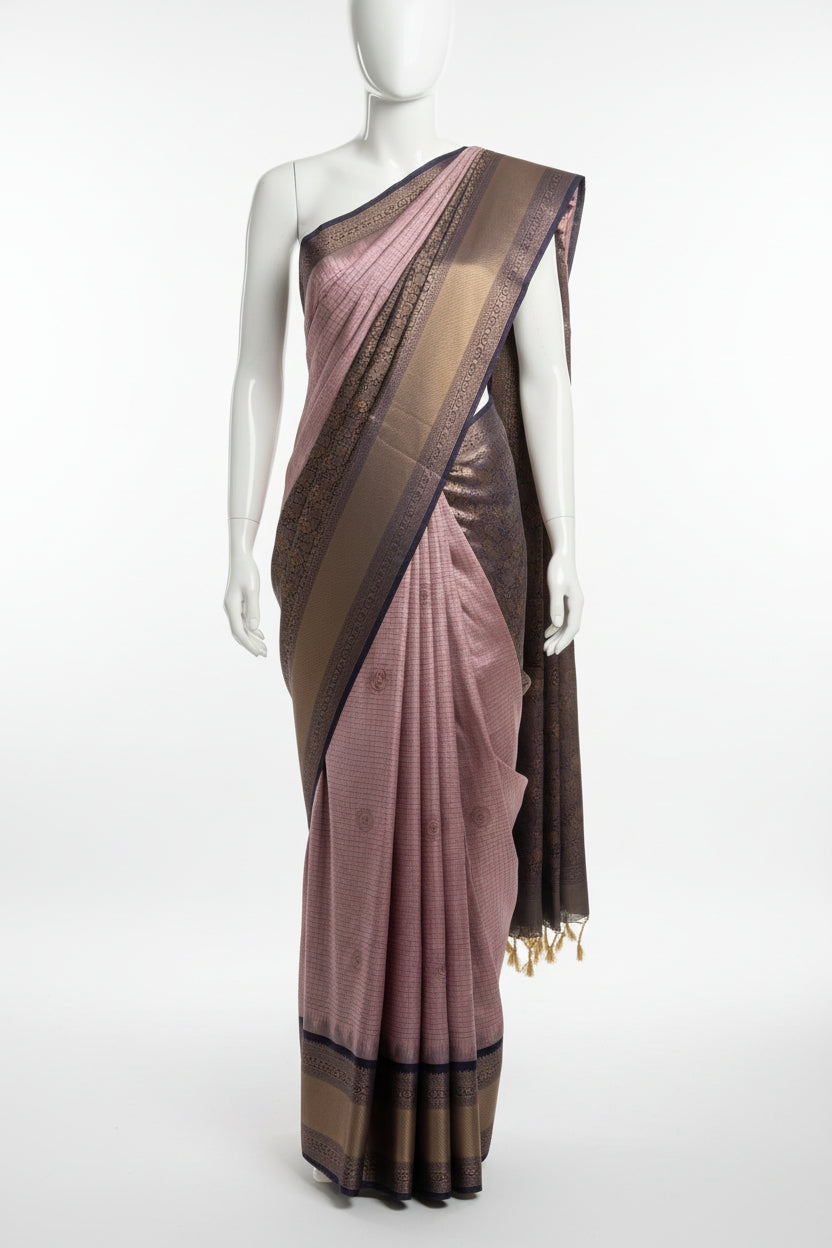 Lavender Lilac n Blue-Checks-Kanchivaram Silk Saree