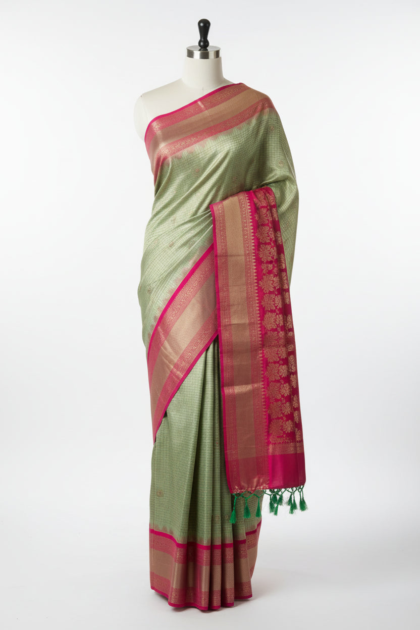 Pista Green n Red-Checks-Kanchivaram Silk Saree