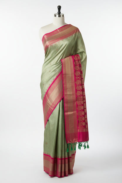 Pista Green n Red-Checks-Kanchivaram Silk Saree