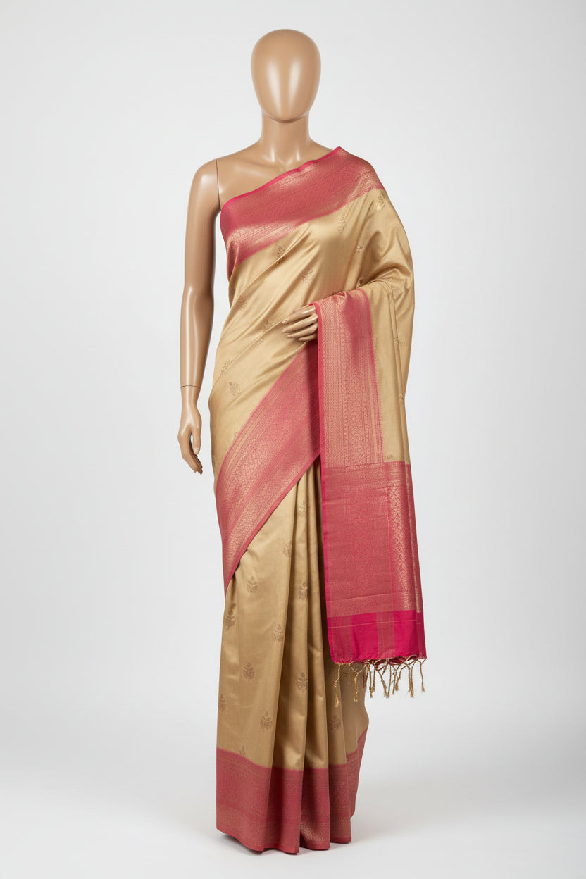 Cream n Red-Woven Zari-Kanchivaram Soft Silk Saree