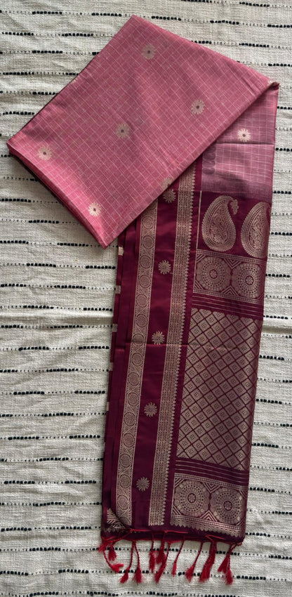 Pink n Maroon-Bit Design-Kanchipuram Soft Silk Saree