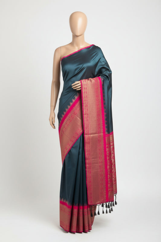 DarkGreen n Pink-Woven Zari-Kanchivaram Soft Silk Saree