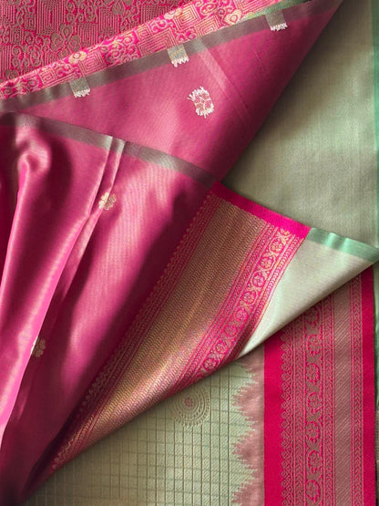 Pista Green n Red-Checks-Kanchivaram Silk Saree