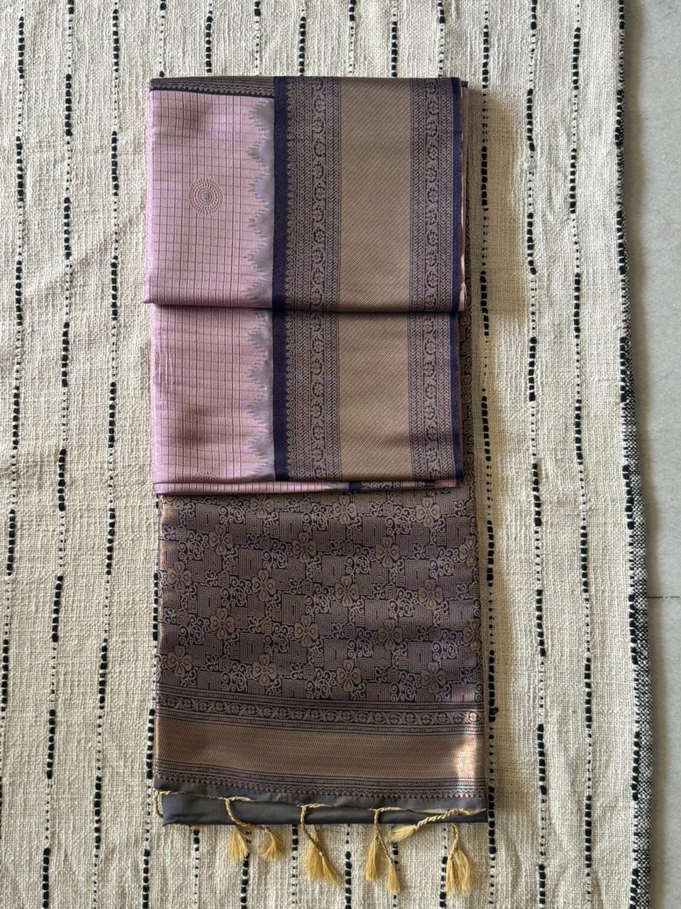 Lavender Lilac n Blue-Checks-Kanchivaram Silk Saree
