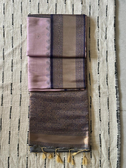 Lavender Lilac n Blue-Checks-Kanchivaram Silk Saree