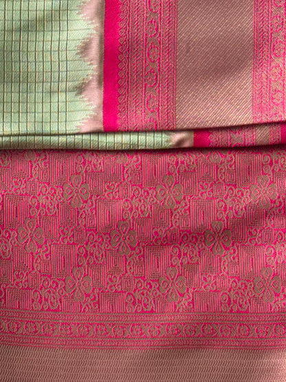 Pista Green n Red-Checks-Kanchivaram Silk Saree