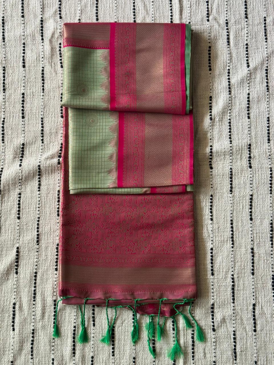 Pista Green n Red-Checks-Kanchivaram Silk Saree