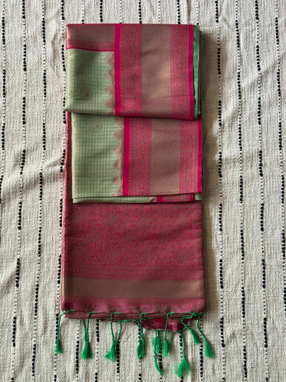 Pista Green n Red-Checks-Kanchivaram Silk Saree