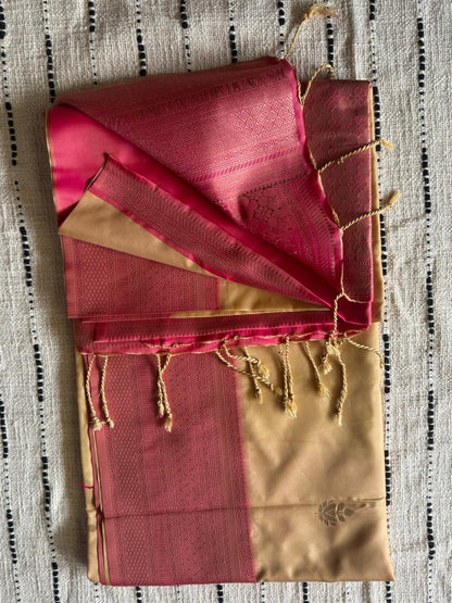Cream n Red-Woven Zari-Kanchivaram Soft Silk Saree