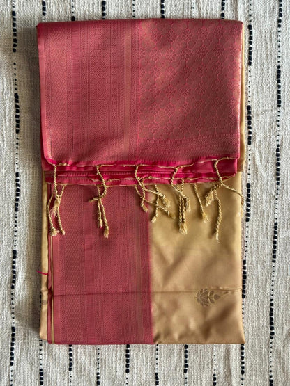 Cream n Red-Woven Zari-Kanchivaram Soft Silk Saree