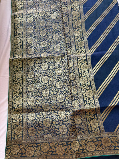 Royal Blue-Half n Half Pattern-Banarasi Crepe Silk Saree