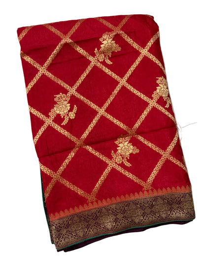 Red n Purple-Geometric Pattern-Banarasi Crepe Silk Saree