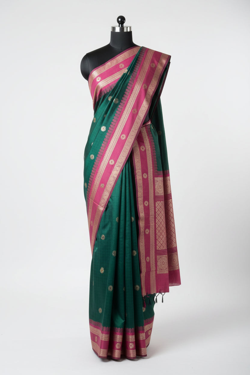 Green n Pink-Bit Design-Kanchipuram Soft Silk Saree