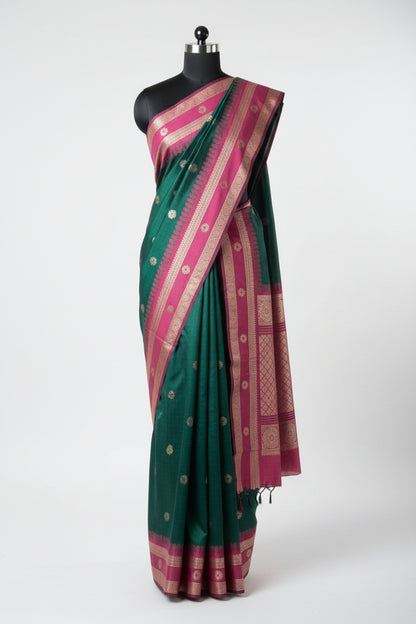 Green n Pink-Bit Design-Kanchipuram Soft Silk Saree