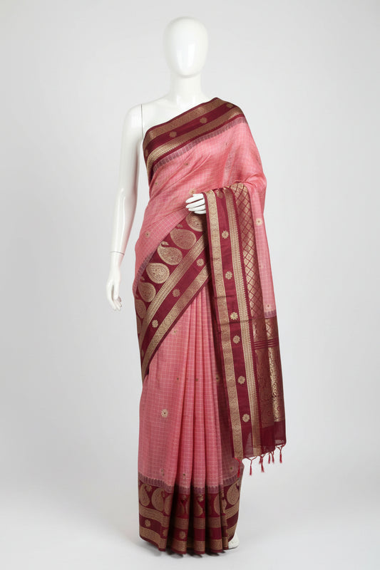 Pink n Maroon-Bit Design-Kanchipuram Soft Silk Saree