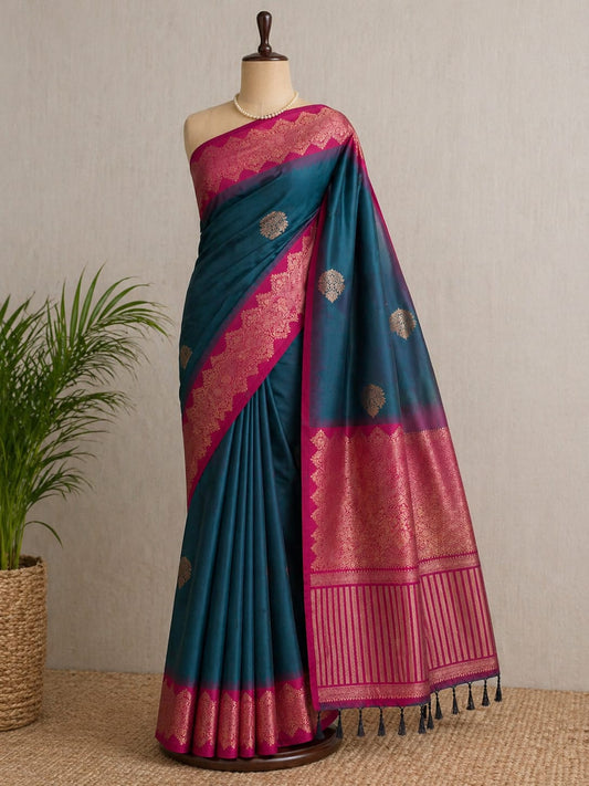 Peacock Blue n Rani Pink-Zari Woven-Kanchivaram Semi Silk Saree