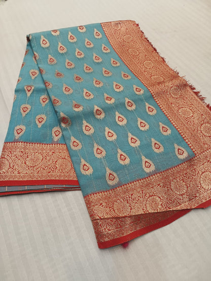 Blue n Red-Butta Design-Banarasi Semi Silk Saree