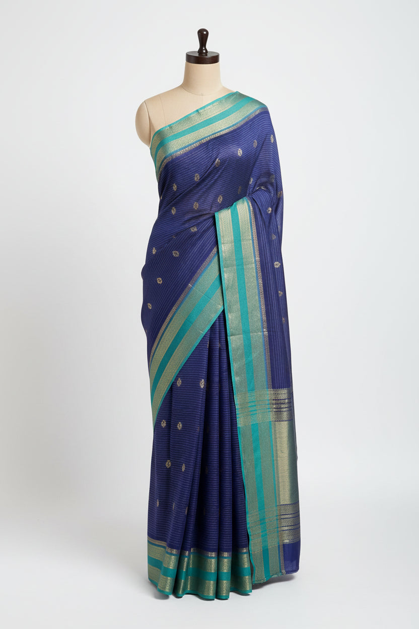 Blue n Turquoise-Stripe Design-Mysore Crepe Silk Saree
