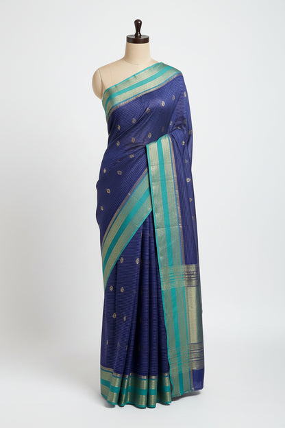 Blue n Turquoise-Stripe Design-Mysore Crepe Silk Saree