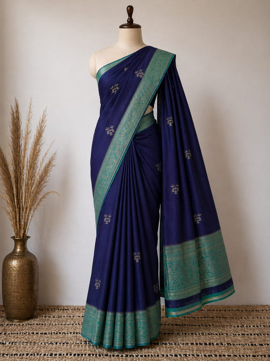 Blue n Turquoise-Tone Crepe-Soft Silk Saree