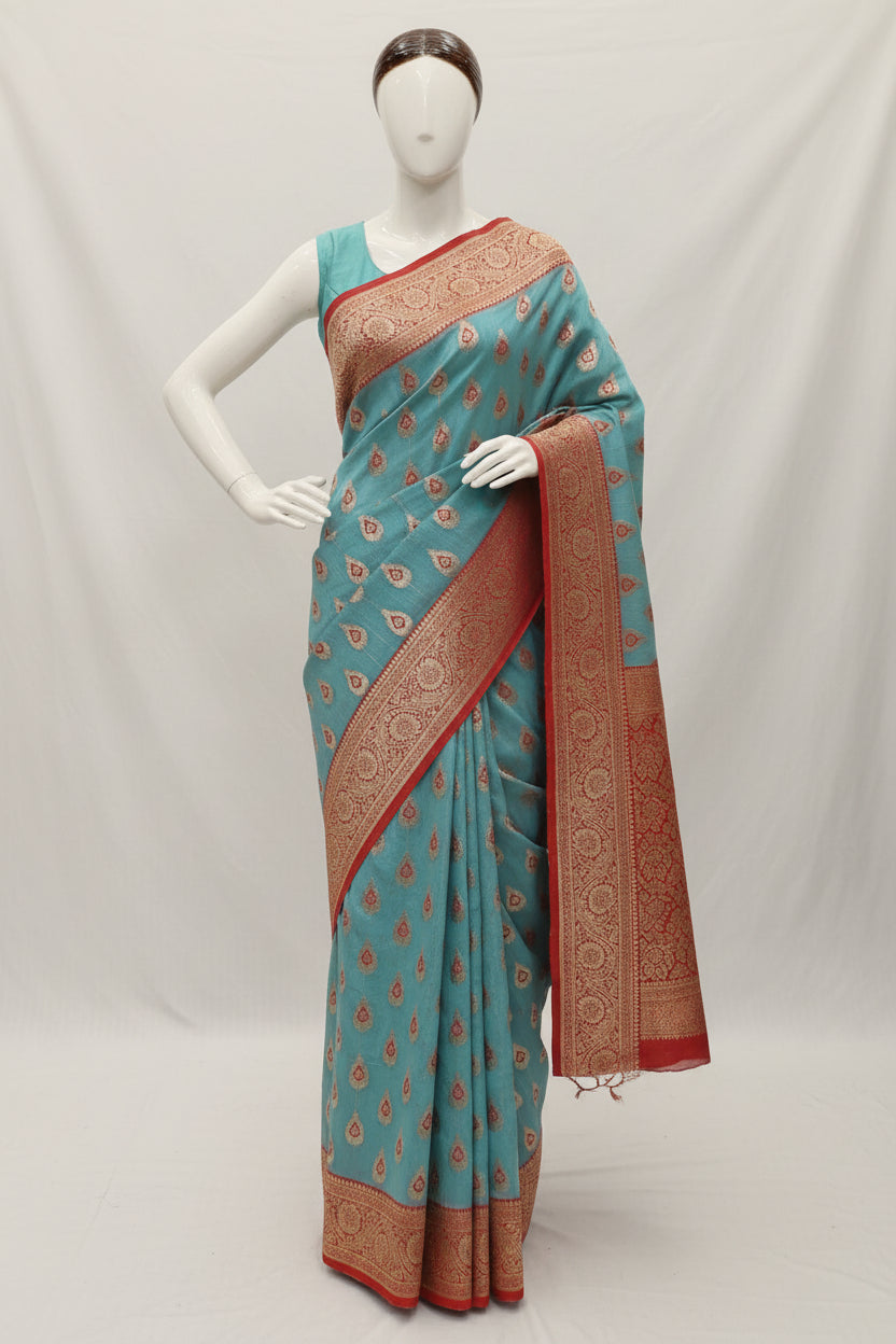 Blue n Red-Butta Design-Banarasi Semi Silk Saree