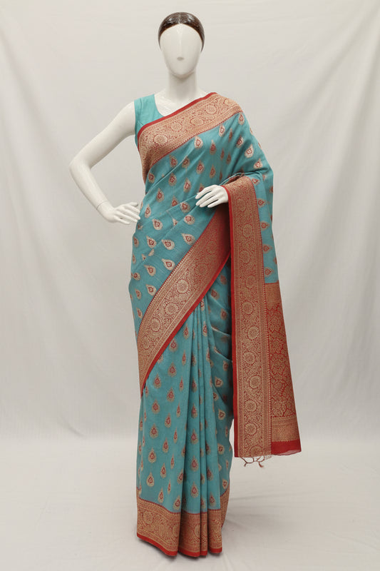 Blue n Red-Butta Design-Banarasi Semi Silk Saree