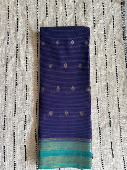 Blue n Turquoise-Stripe Design-Mysore Crepe Silk Saree