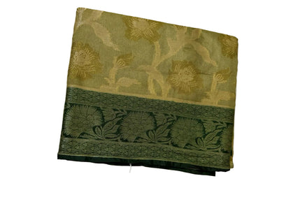 Seaweed Green n Dark Green-Floral Pattern-Banarasi Crepe Silk Saree